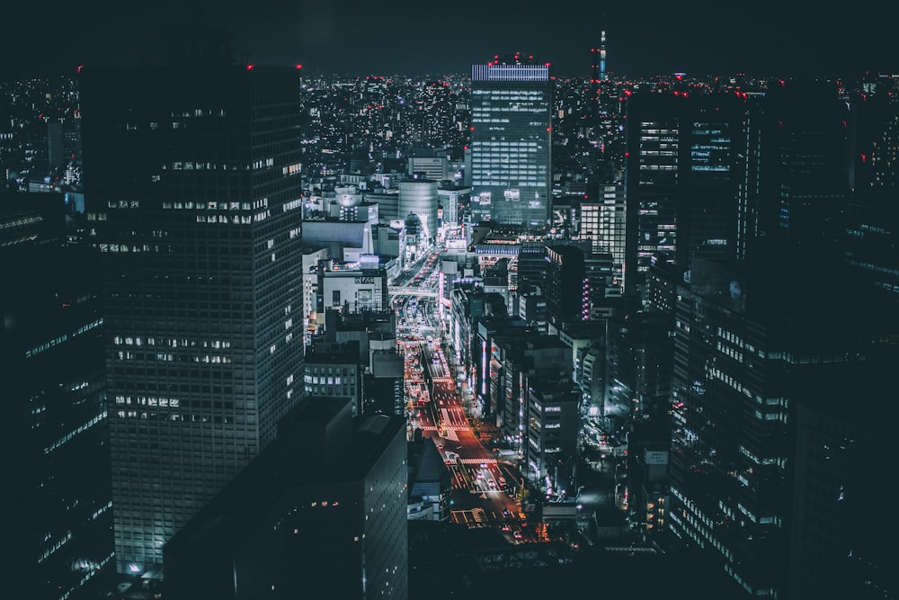 aerial photography of city skyline during night time