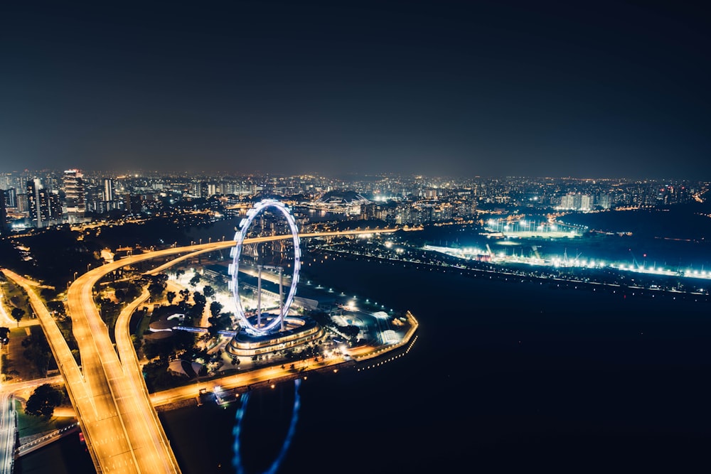 aerial photography of London Eye at nighttime