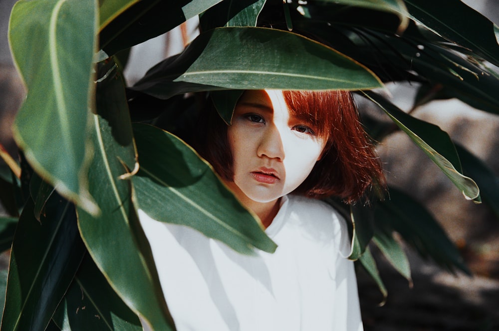 woman hiding under green leaf tree