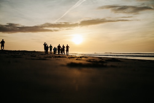 A group of mature adults walking together along a peaceful beach trail at sunset.