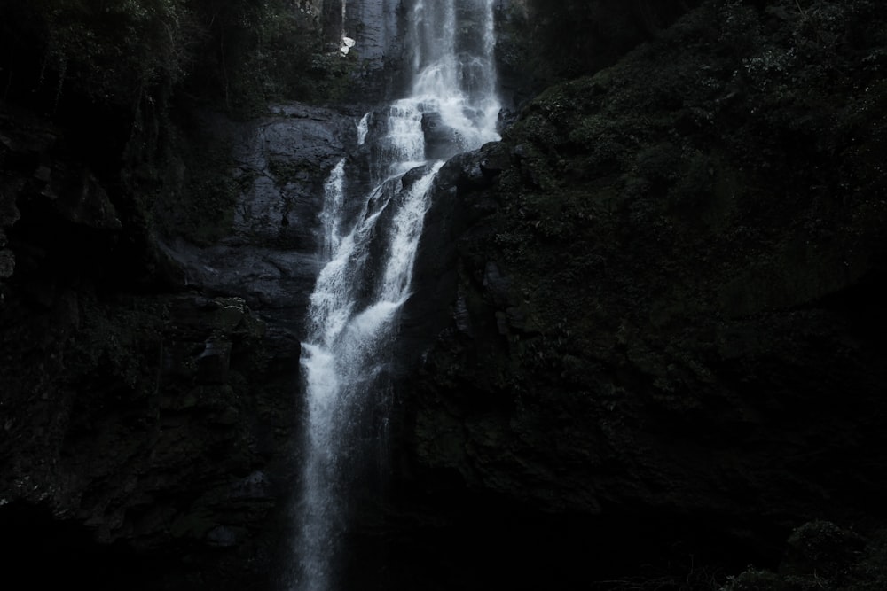 grayscale photography of waterfalls