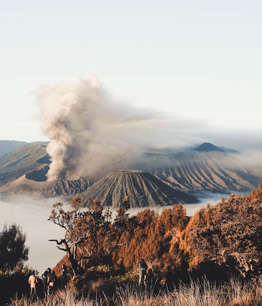 person standing on cliff with volcano background in Bromo Tengger Semeru National Park Indonesia