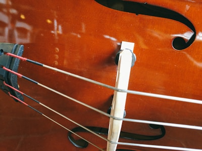 A close-up view of a string instrument showing the strings and bridge against a glossy wooden surface with f-holes.