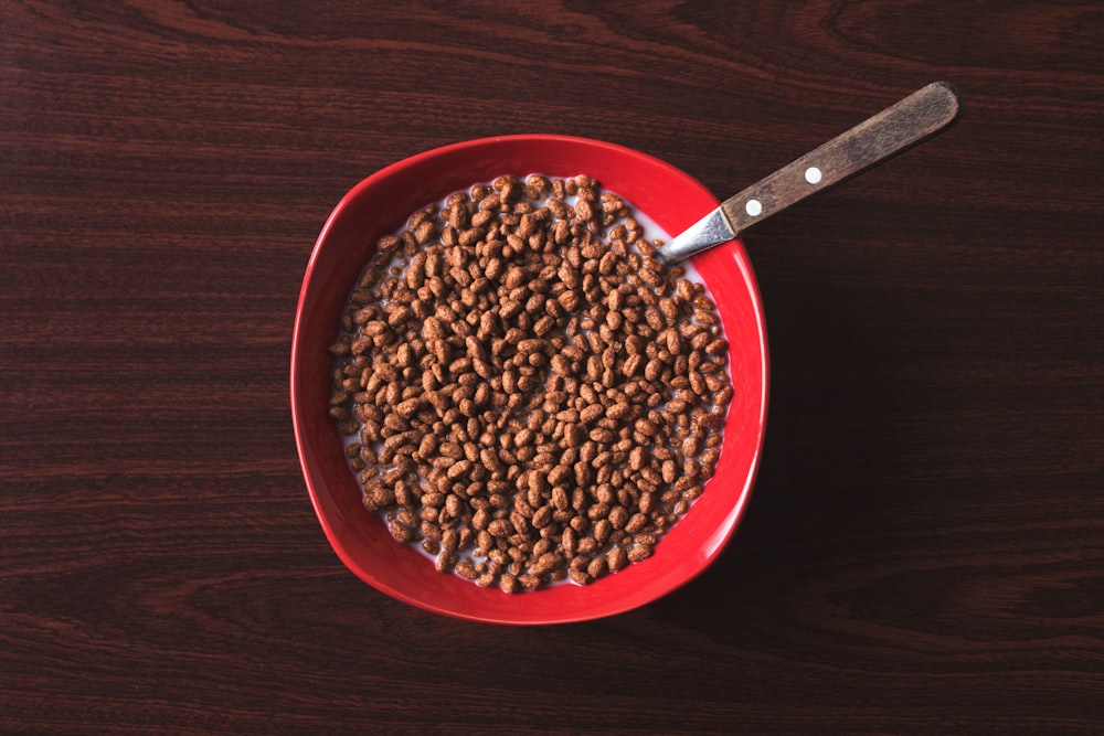 bowl of cereal with spoon on tabletop