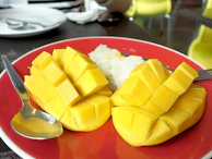 A bowl of classic mango sticky rice with perfectly sliced ripe mango and sticky rice nestled beside it.