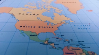 A map highlighting North America, showing the countries of Canada, the United States, and Mexico. The Atlantic Ocean is labeled to the right. The map features borders and country names in bold letters.