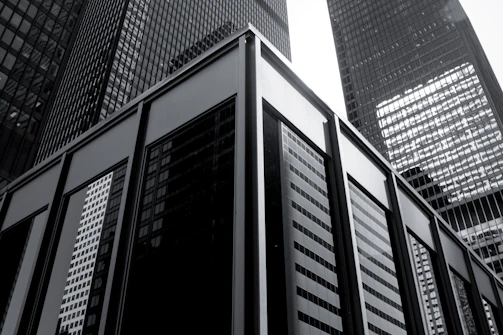 Elegant black and white photo of a modern Dubai skyline with iconic towers.