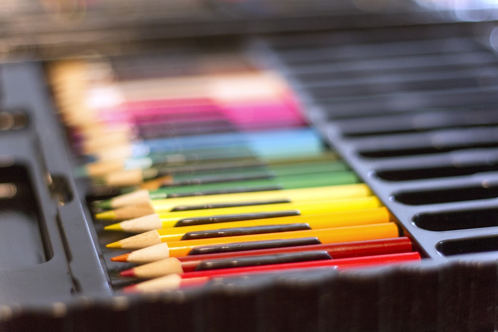 An assortment of colored pencil crayons.