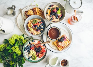 fruit salad on gray bowls