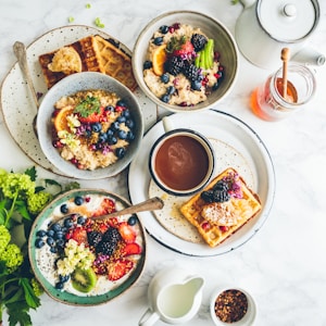 fruit salad on gray bowls