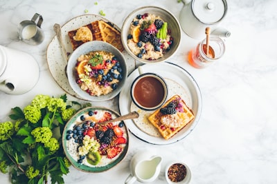 fruit salad on gray bowls breakfast zoom background