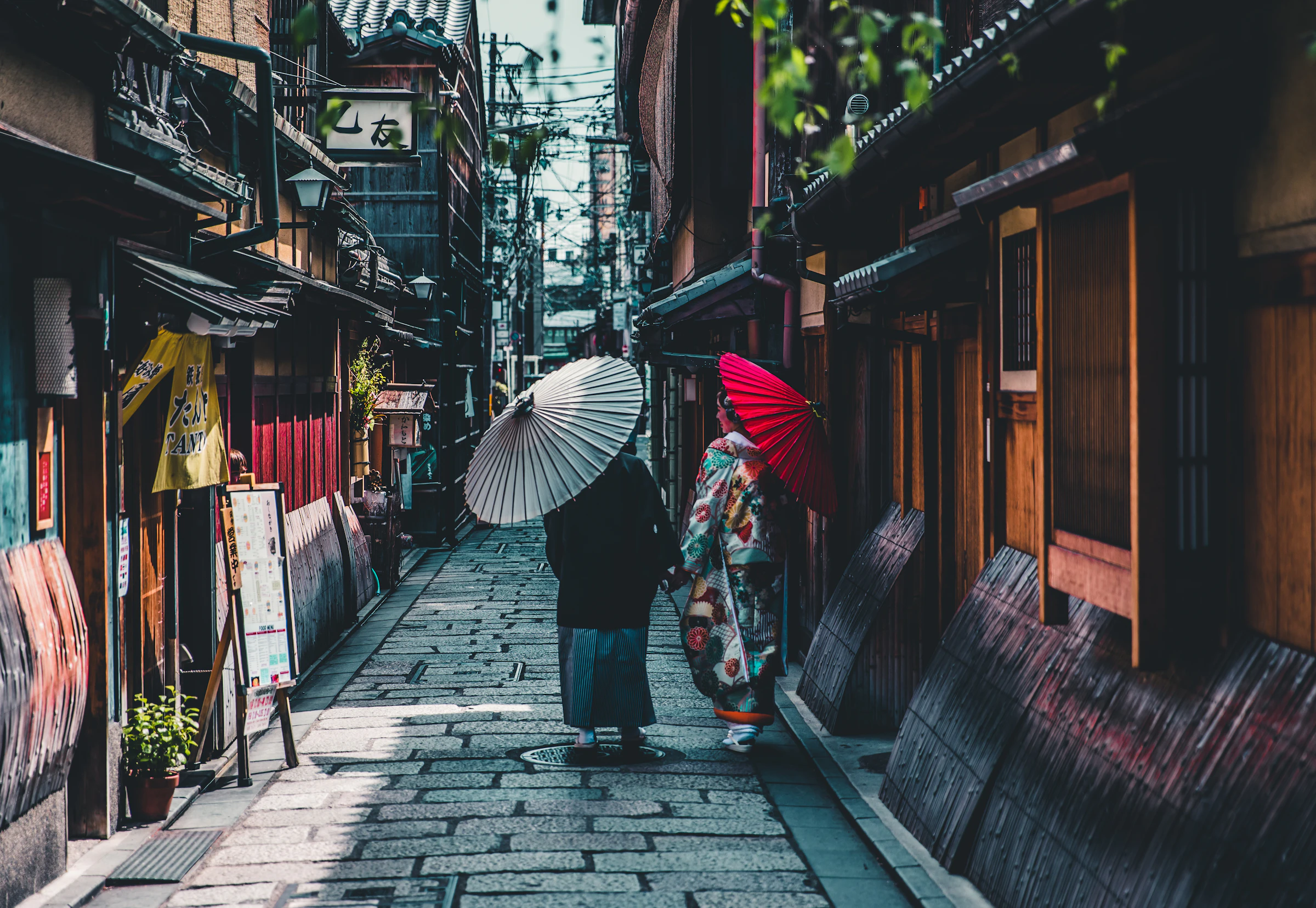 Kyoto street at dusk with lanterns