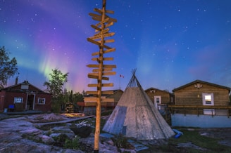 A night scene with the aurora borealis illuminating the sky. There is a wooden signpost with multiple direction arrows in the foreground. A traditional teepee structure and several wooden cabin buildings are visible under the clear starry sky. The landscape includes rocky ground and some trees.