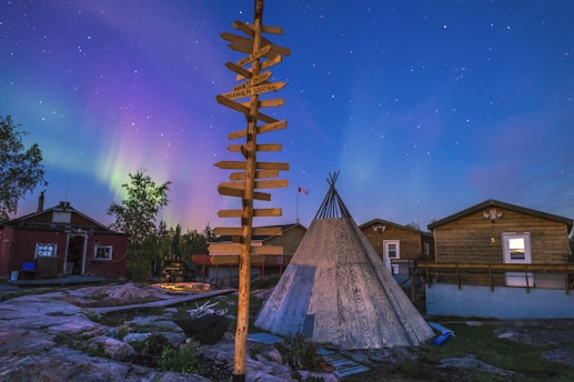 A night scene with the aurora borealis illuminating the sky. There is a wooden signpost with multiple direction arrows in the foreground. A traditional teepee structure and several wooden cabin buildings are visible under the clear starry sky. The landscape includes rocky ground and some trees.