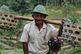 Close-up of a smiling Indonesian farmer carefully tapping a sugar palm tree at dawn.