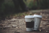 two white disposable cups place on brown soil