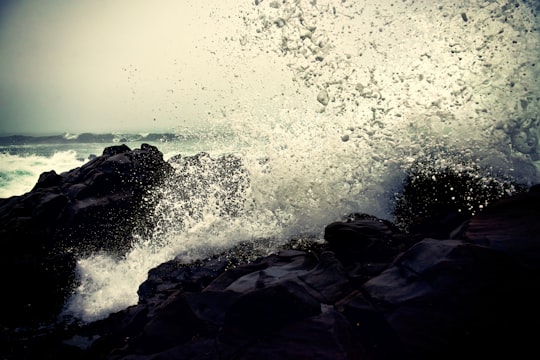 grayscale photography of ocean waves crashing on rock during daytime in Cambria United States