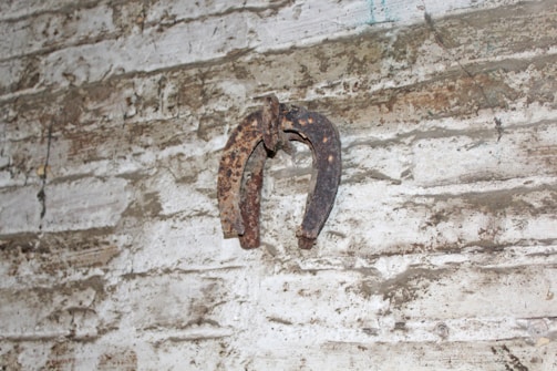 A rusted horseshoe is mounted on a textured, weathered concrete wall. The surface of both the wall and the horseshoe shows signs of aging and wear.