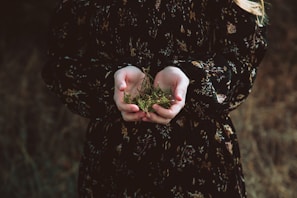 A person is holding a small bundle of green plants or herbs in their cupped hands. The background is blurred with earthy tones, and the person is wearing a dark floral-patterned outfit.