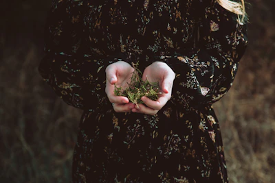 Close-up of hands holding vibrant herbs and natural remedies against a soft, earthy background.