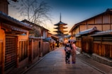 two women in purple and pink kimono standing on street