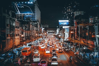 landscape of main road during night