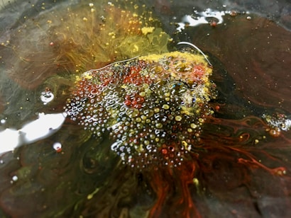 An abstract close-up image featuring a mix of bubbling textures and swirling patterns in vibrant hues. Small bubbles appear on the surface surrounded by fluid movements of colors, creating an organic and dynamic composition.