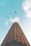 bottom view shot of airplane flying above high rise building