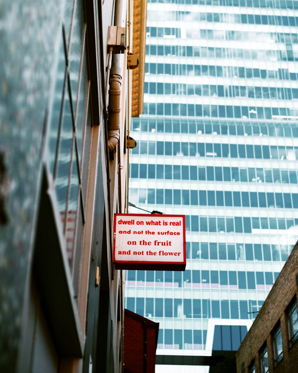 Wihte und rotes Schild in der Nähe des Spiegelwandgebäudes