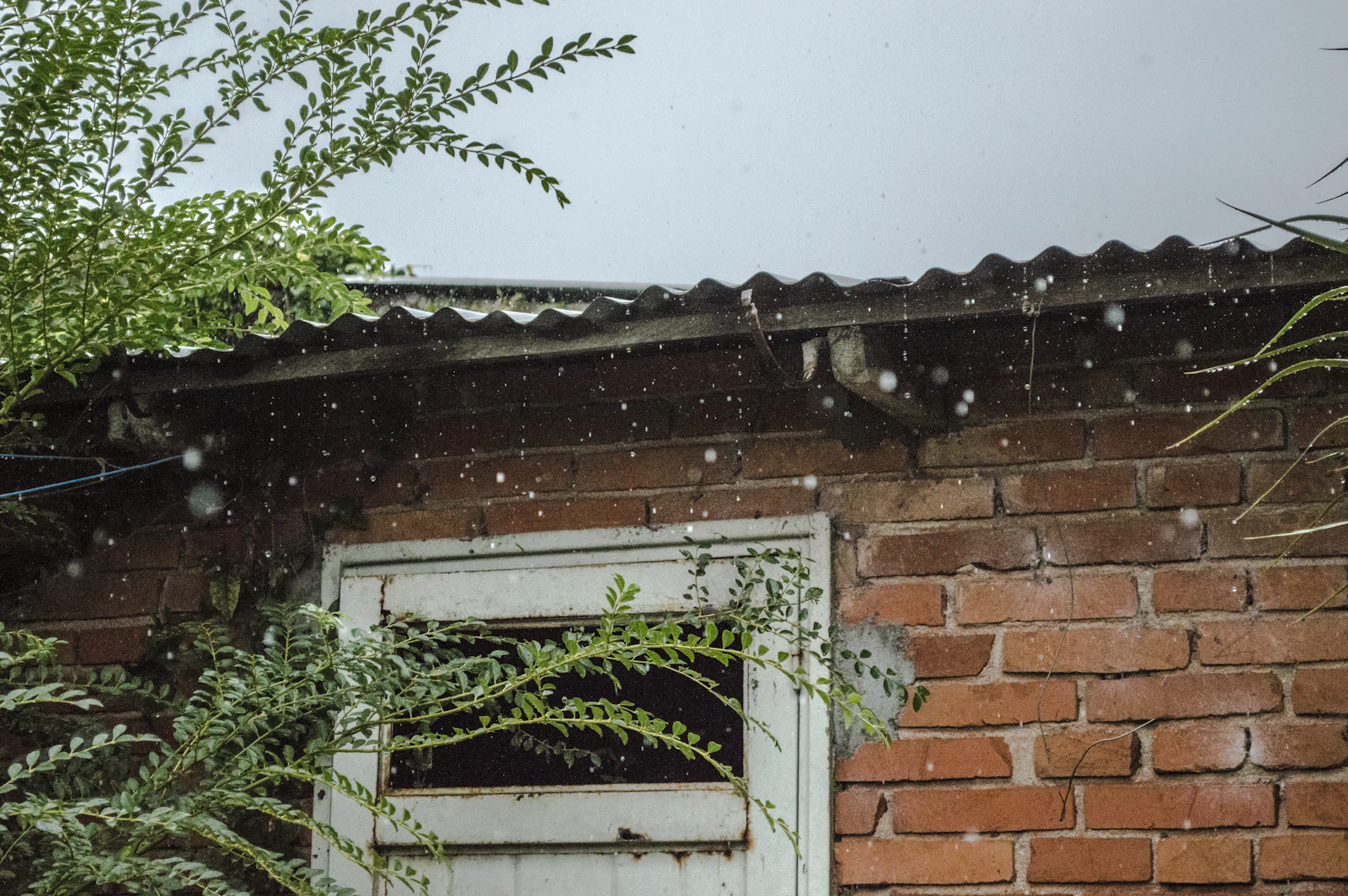 Rain pouring down the brick wall of a house