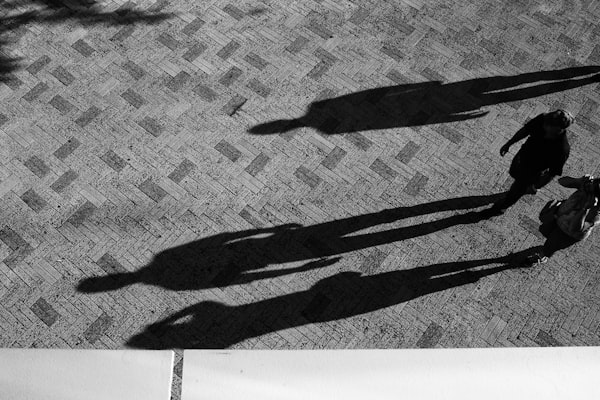 several figures casting long shadows on a brick pathway
