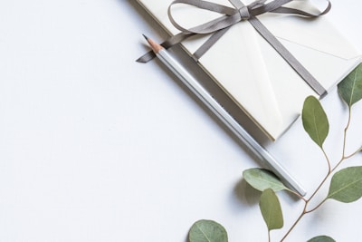 A neatly wrapped gift tied with a dark ribbon is placed next to a silver pencil. Green eucalyptus leaves lie beside them on a light, textured surface.