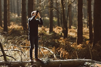 A person is standing on a fallen tree trunk in a dense forest, using a camera to take photographs. Sunlight filters through the trees, creating a warm and serene atmosphere with dappled light on the forest floor.