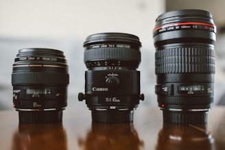 Close-up of high-quality lenses arranged neatly with brand logos visible.