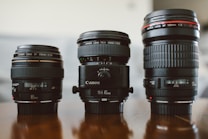 Three camera lenses are neatly arranged on a reflective wooden surface. Each lens is distinct in design and size, labeled with specifications such as focal lengths and apertures. The background is softly out of focus, highlighting the lenses in the foreground.
