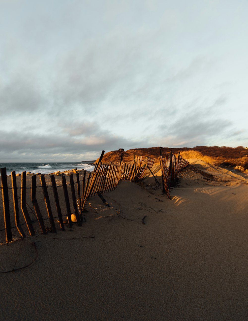 brown wooden fence on brown sand during daytime