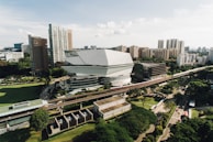 A modern urban landscape featuring a distinctive architectural building with sharp, angular designs surrounded by high-rise buildings. The area includes a monorail track running through the scene, with lush greenery scattered throughout the surroundings.