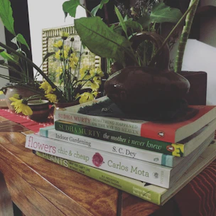 Brightly colored stack of popular books with a daisy flower beside them
