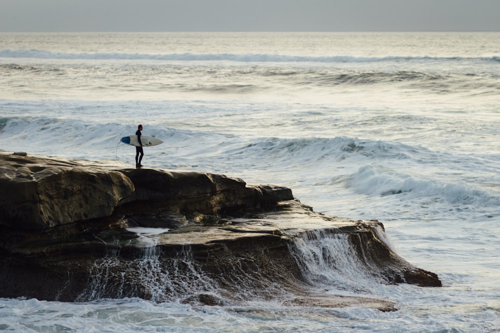 person carrying surfboard standing near seashore