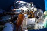 A collection of empty glass bottles is scattered inside a blue recycling bin. Various bottle shapes and sizes are visible, with labels on some bottles including text and graphics. The sunlight casts reflections and highlights on the glass surfaces, adding a mix of shadows.
