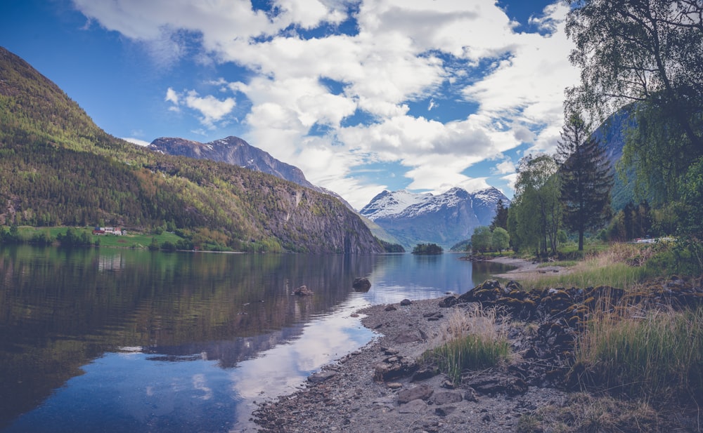 lake surrounded by green trees and mountains under blue and white cloudy sky during daytime