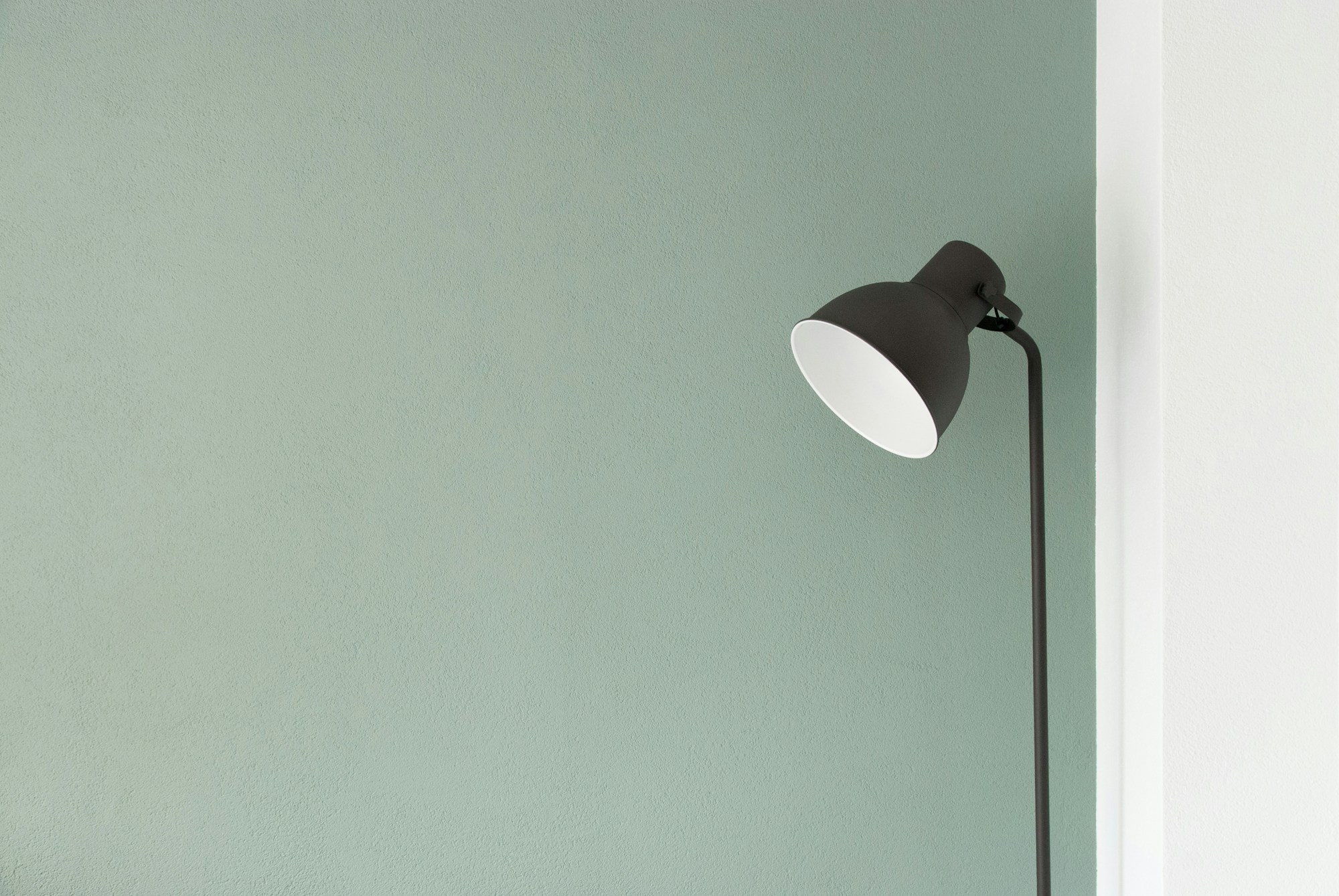 Black floor lamp standing in the corner of a minimal room