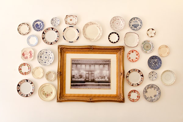 vintage plates - old picture frame - photo
