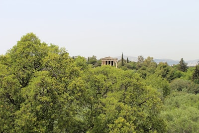 A classical temple with columns is nestled among lush green trees, under a clear blue sky. The landscape suggests a serene, natural environment with distant hilly terrain in the background.