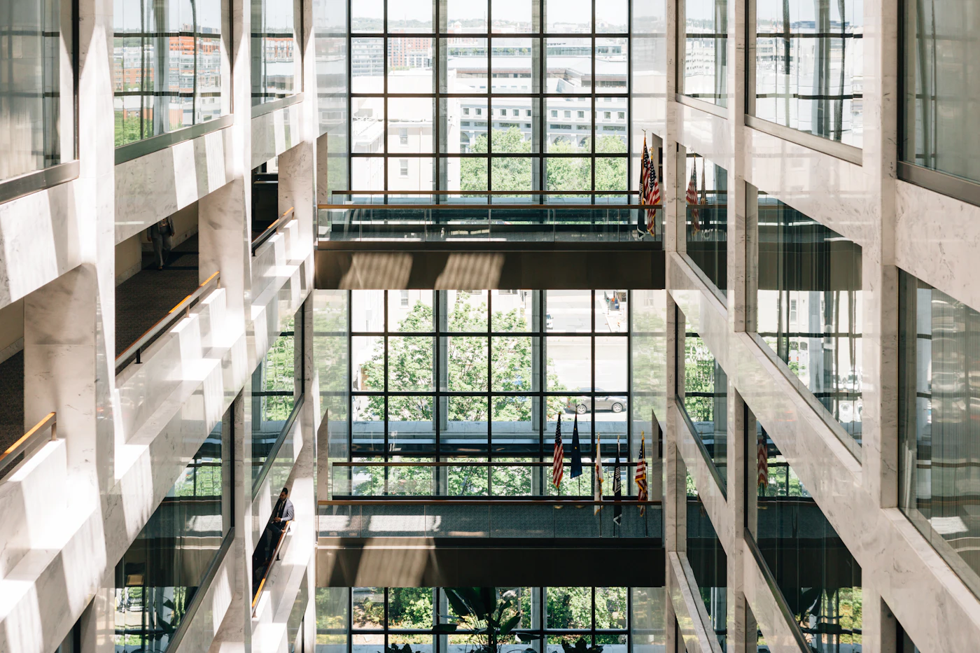 Inside a modern public building with glass walkways