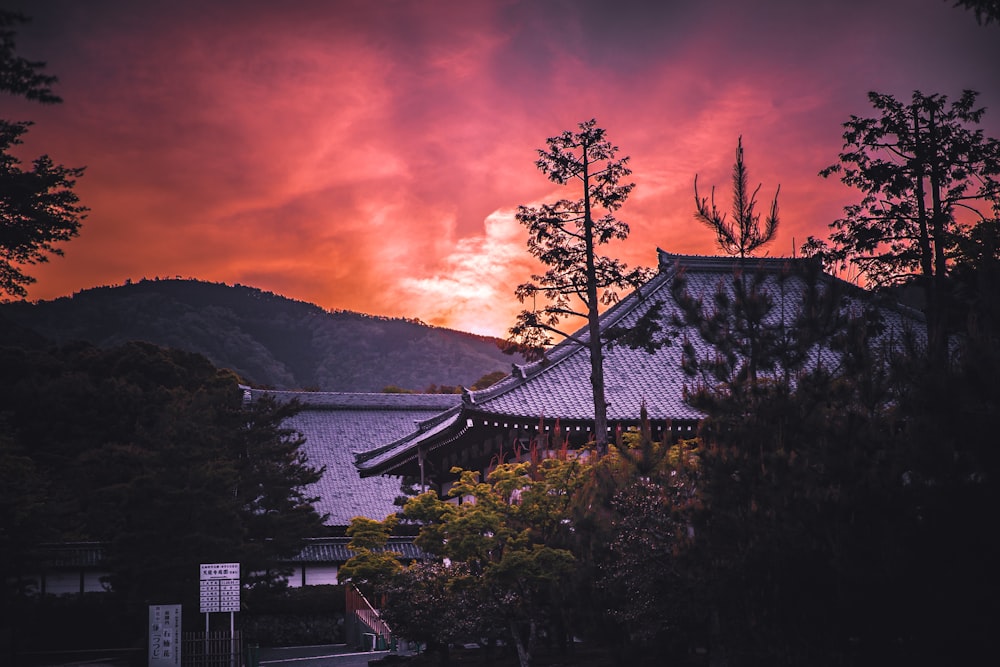 木々に囲まれた灰色の屋根の寺院