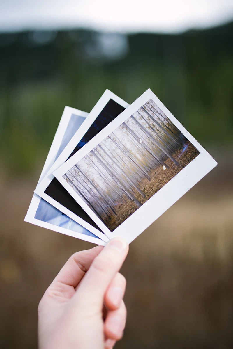 Hands holding printed photos to choose the best for custom photo magnets