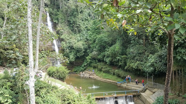 A lush, green forest surrounds a cascading waterfall that flows into a small pool. There are several people near the water, including some on a small slide and others walking on pathways. Tall trees frame the image, with dense foliage and bushes throughout the area.