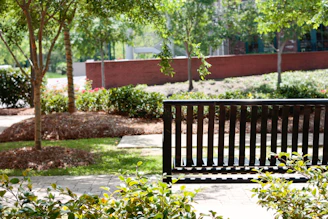 A vibrant urban park bench made from recycled plastic, surrounded by lush green plants.