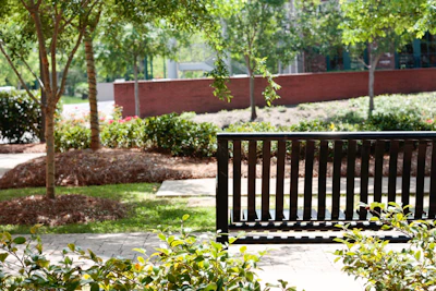 A vibrant urban park bench made from recycled plastic, surrounded by lush green plants.